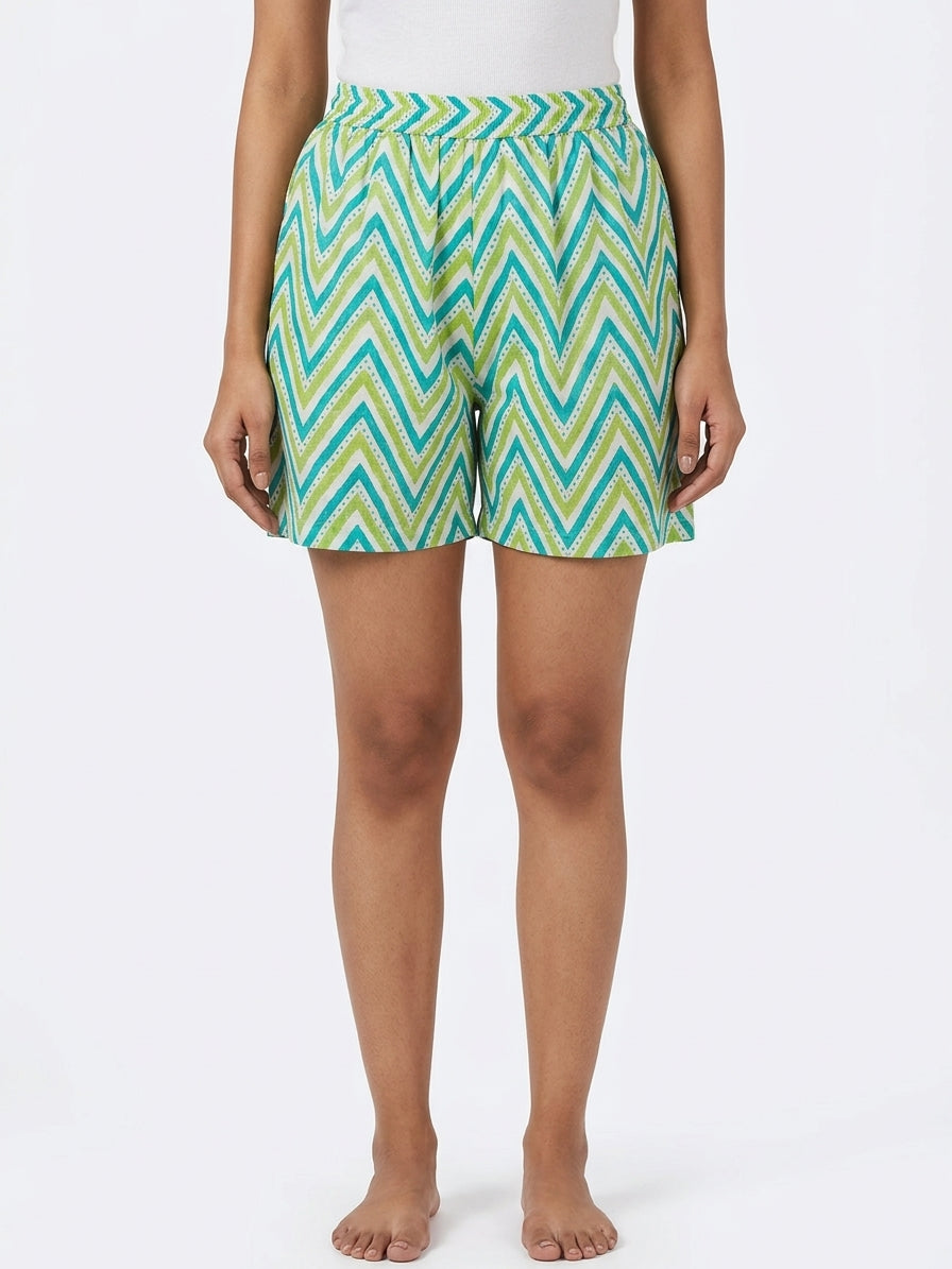 Teal & Green Zig-Zag Printed Relaxed Fit Shorts