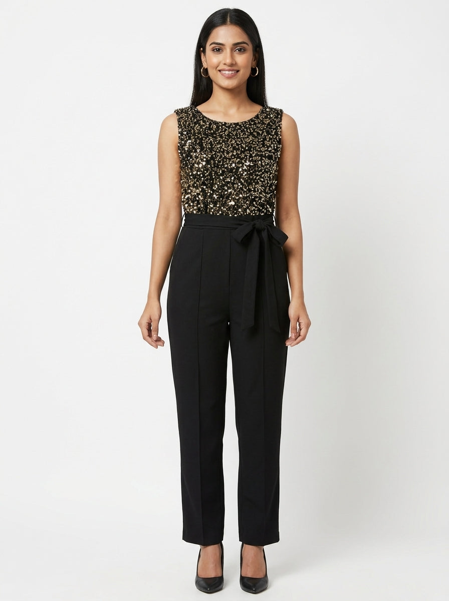 Black & Gold Sequin Embellished Sleeveless Jumpsuit