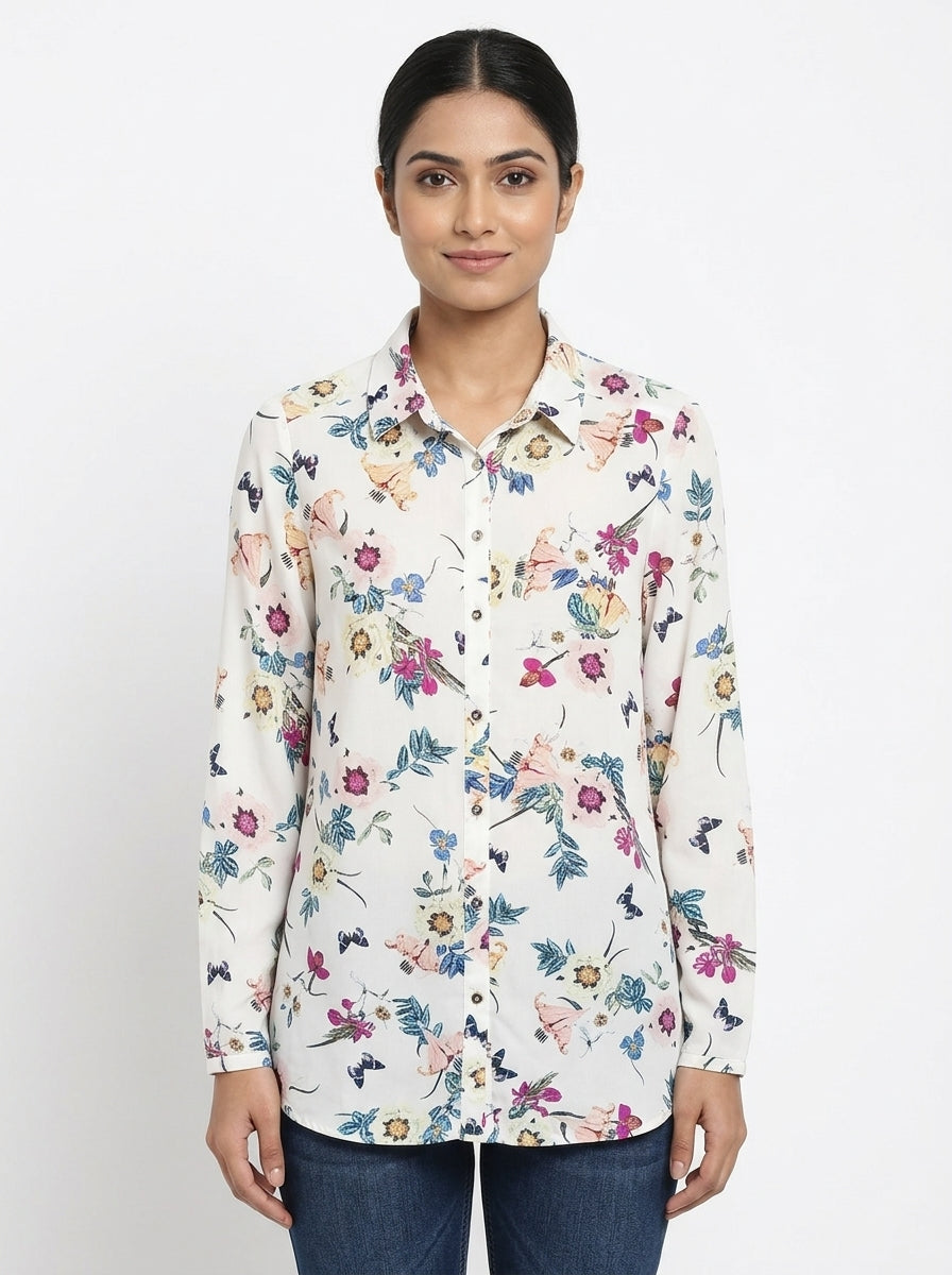 Women's White Floral & Butterfly Print Long Sleeve Casual Shirt