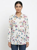 Women's White Floral & Butterfly Print Long Sleeve Casual Shirt