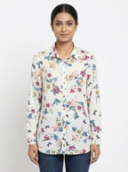 Women's White Floral & Butterfly Print Long Sleeve Casual Shirt