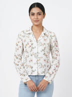 White Floral Print Long Sleeve Casual Shirt