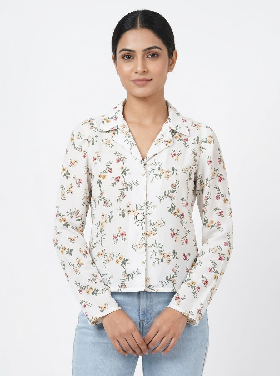 White Floral Print Long Sleeve Casual Shirt