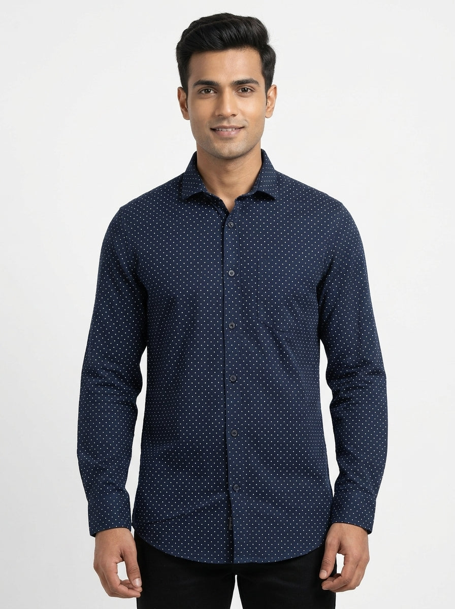 Navy Blue Polka Dot Casual Shirt