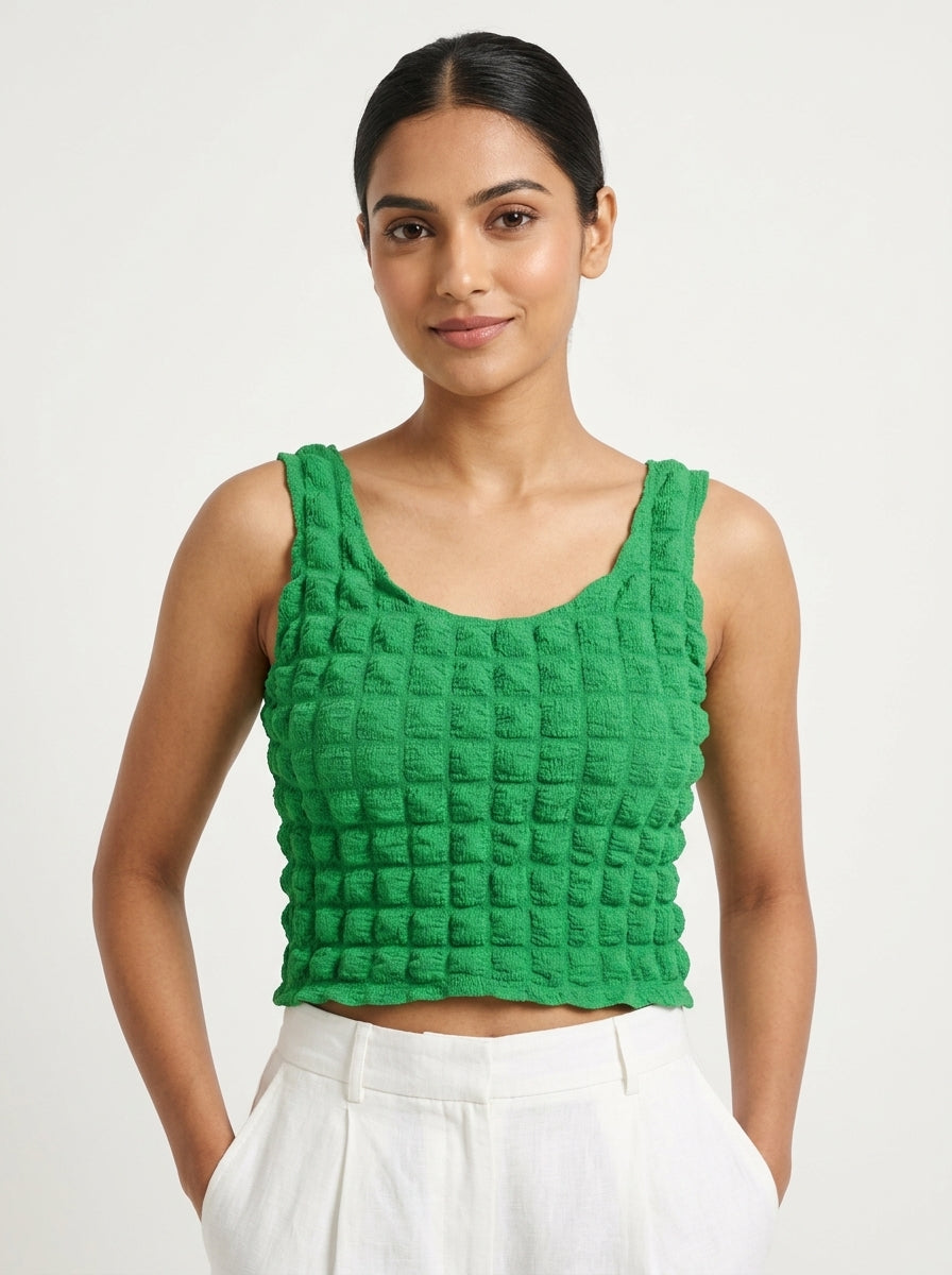 Green Textured Sleeveless Crop Top