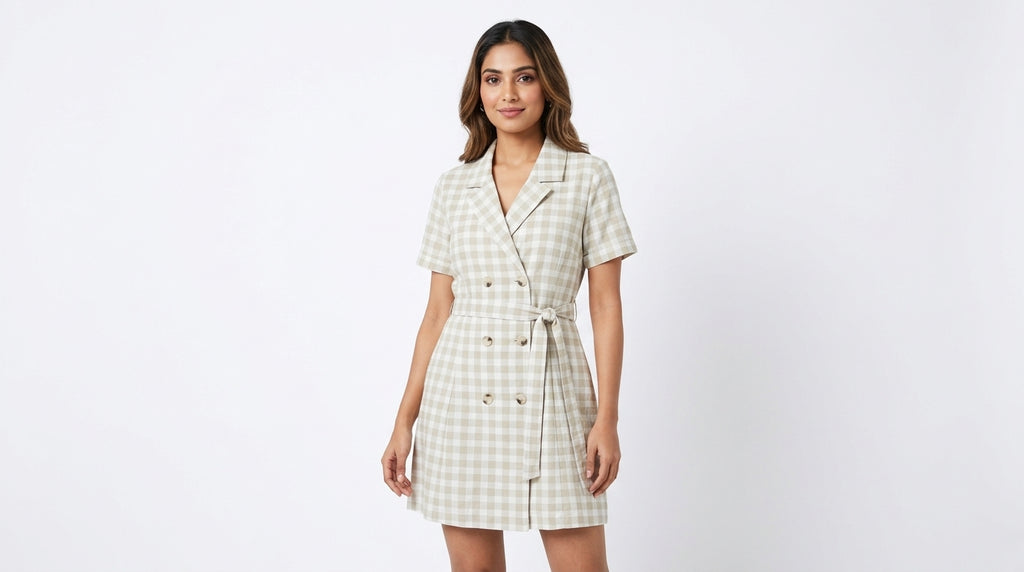 Women's Beige Gingham Double-Breasted Short Sleeve Dress