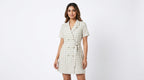 Women's Beige Gingham Double-Breasted Short Sleeve Dress