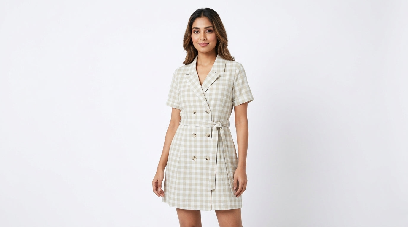 Women's Beige Gingham Double-Breasted Short Sleeve Dress