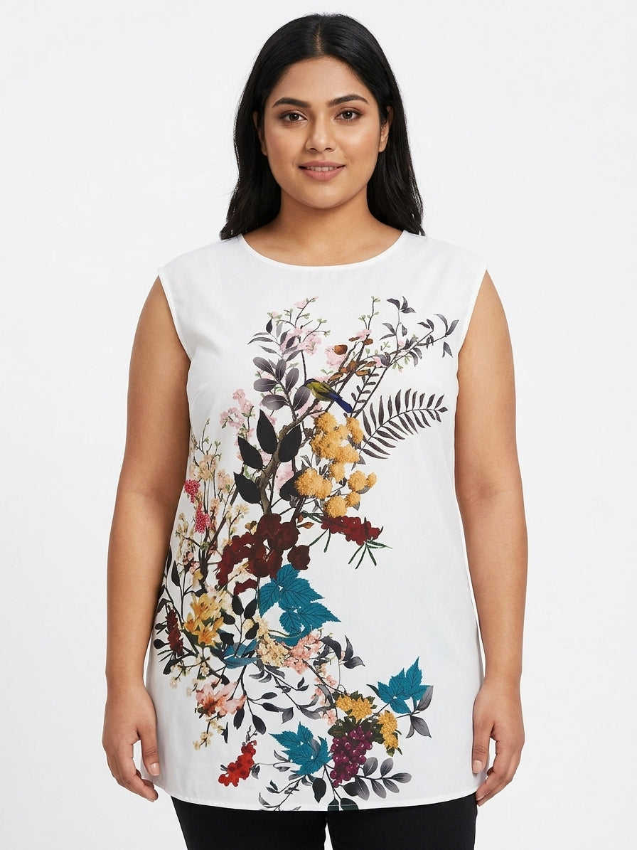 White Floral Bird Print Sleeveless Dress