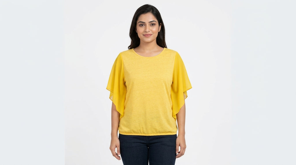 Yellow Casual Round Neck Top with Flowy Sleeves