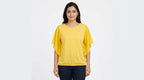 Yellow Casual Round Neck Top with Flowy Sleeves