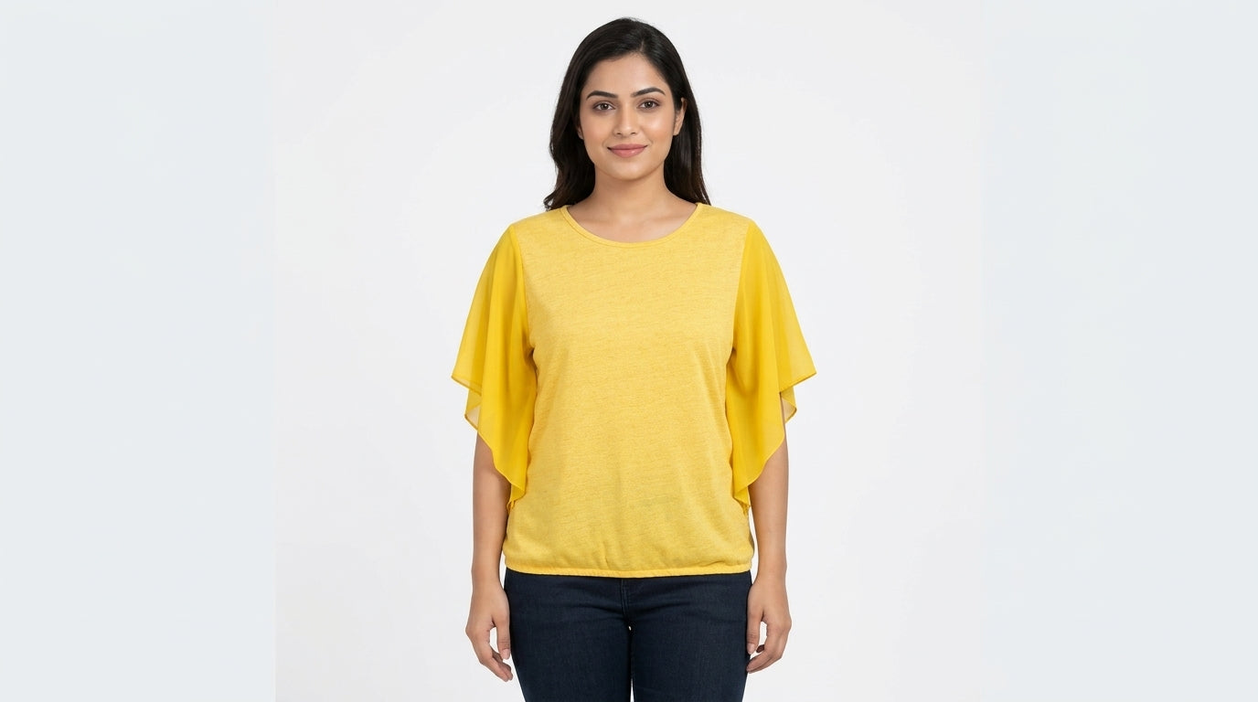 Yellow Casual Round Neck Top with Flowy Sleeves