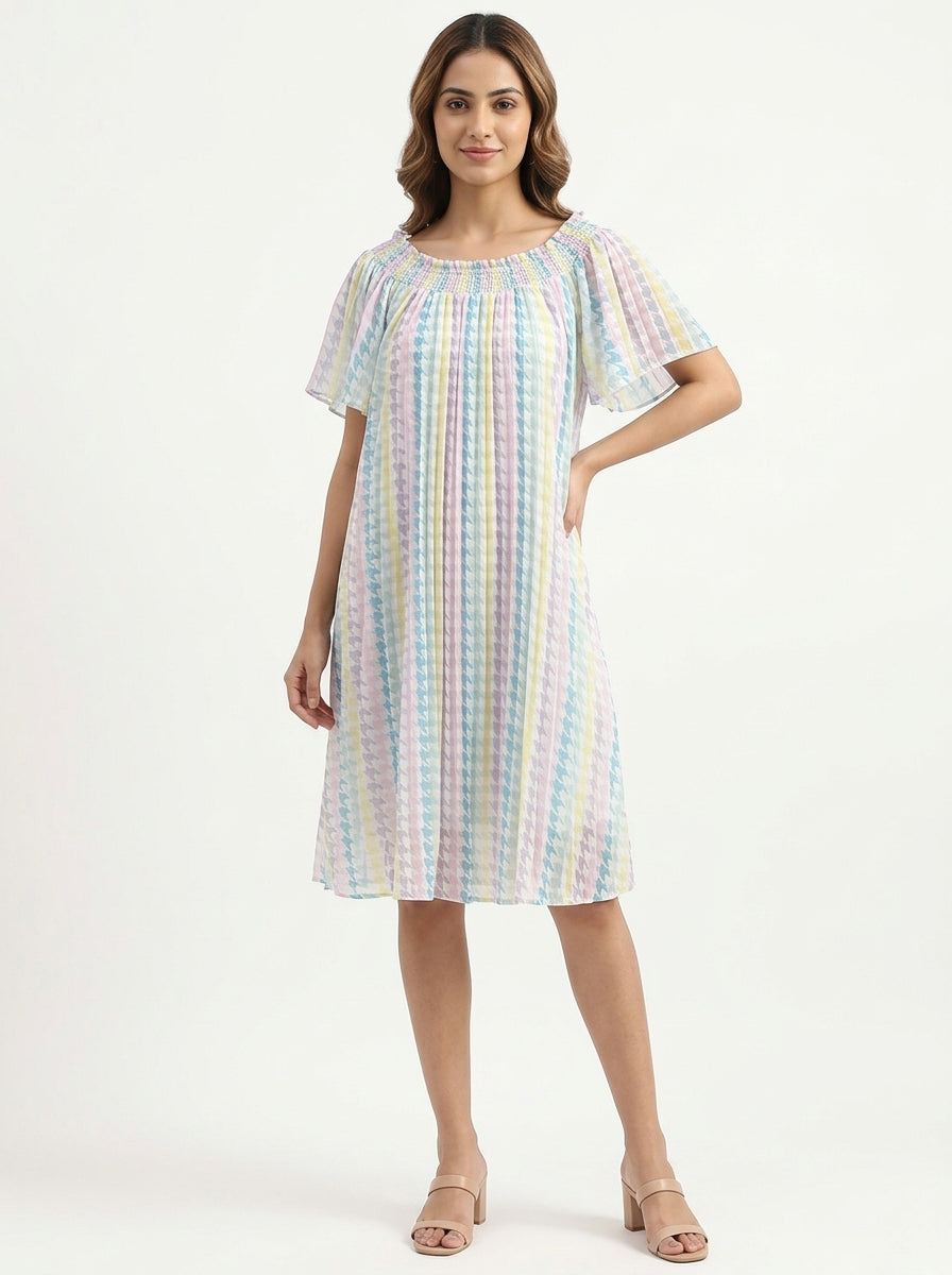 Pastel Houndstooth Pleated Relaxed Dress