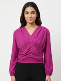 Magenta Ruched V-Neck Long Sleeve Top