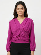 Magenta Ruched V-Neck Long Sleeve Top