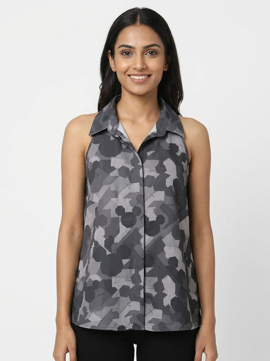 Vero Moda Women's Charcoal Printed Sleeveless Collared Top