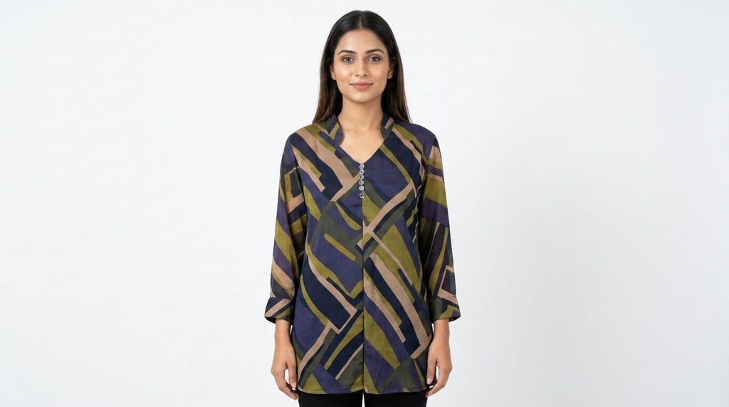 Abstract Geometric Print V-Neck Blouse
