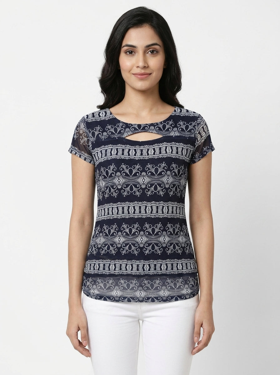 Basic Top Casual Navy Polyester