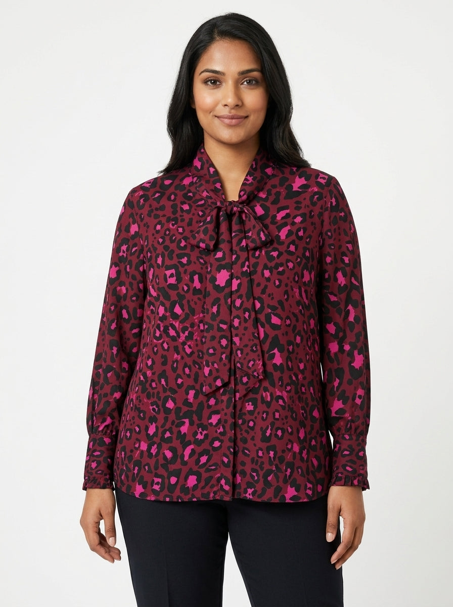 Women's Burgundy & Pink Leopard Print Tie-Neck Long Sleeve Top