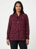 Women's Burgundy & Pink Leopard Print Tie-Neck Long Sleeve Top