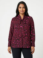 Women's Burgundy & Pink Leopard Print Tie-Neck Long Sleeve Top
