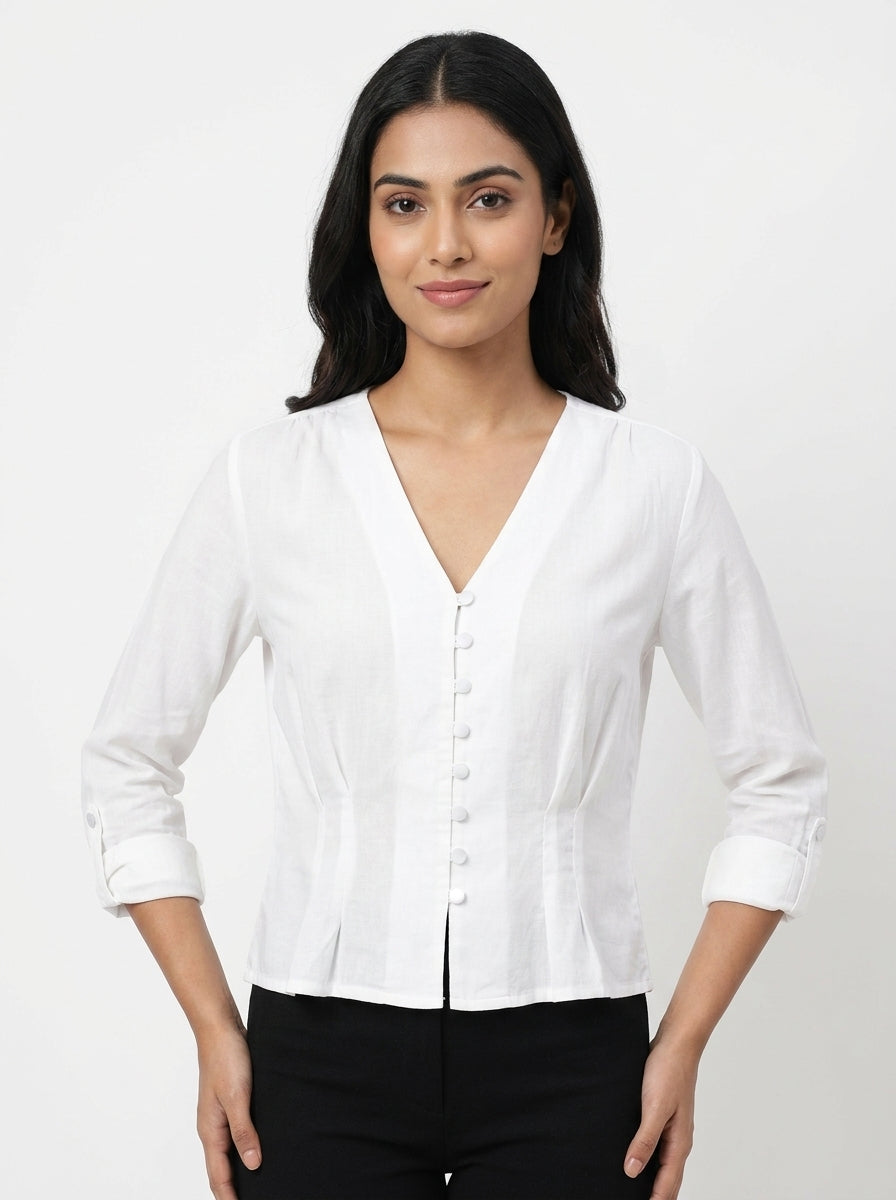 Women's White Button-Front V-Neck Casual Top