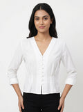 Women's White Button-Front V-Neck Casual Top