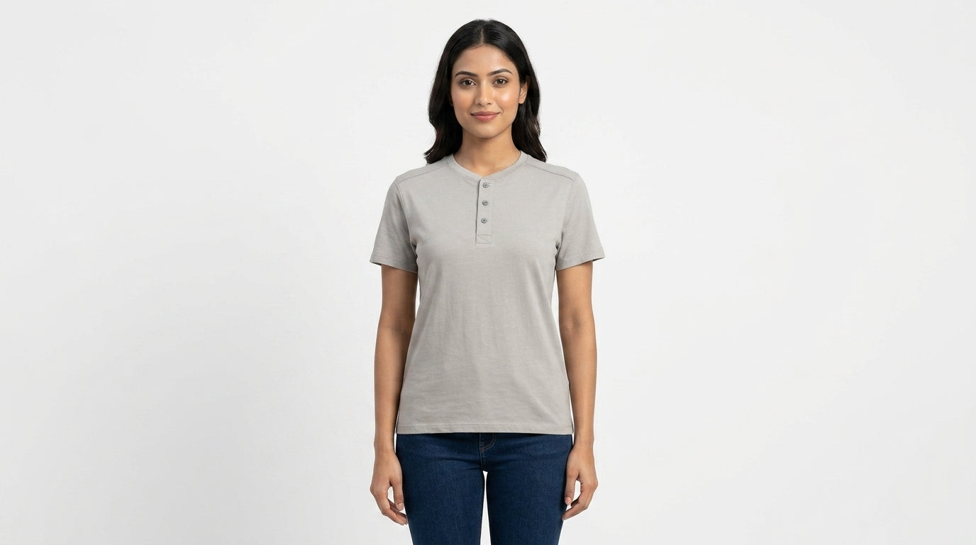 Grey Regular Fit Henley Neck T-Shirt