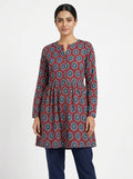 Burgundy and Blue Printed Casual Dress