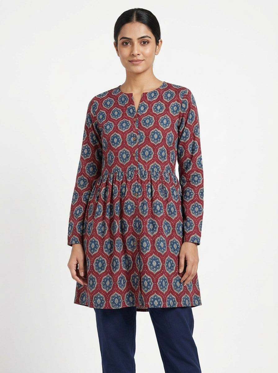 Burgundy and Blue Printed Casual Dress