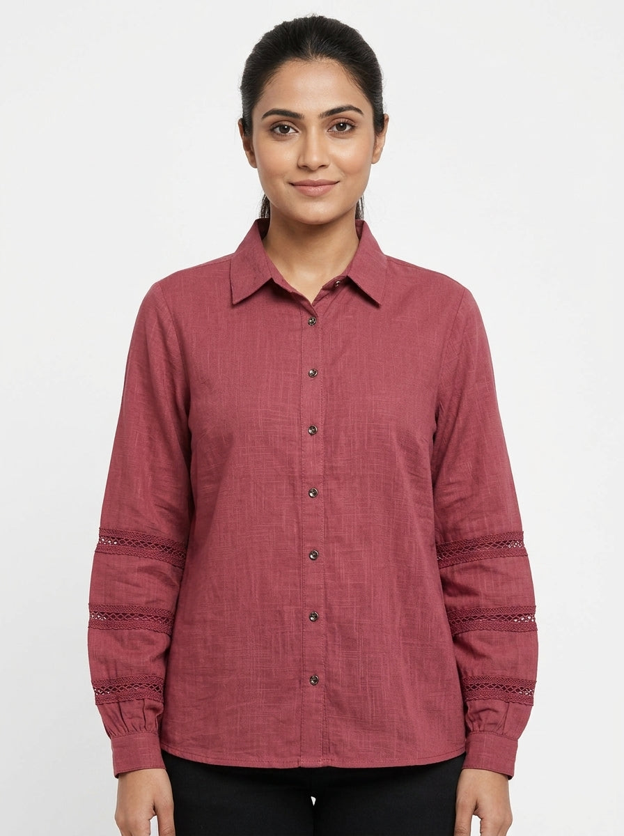 Burgundy Textured Viscose Casual Shirt