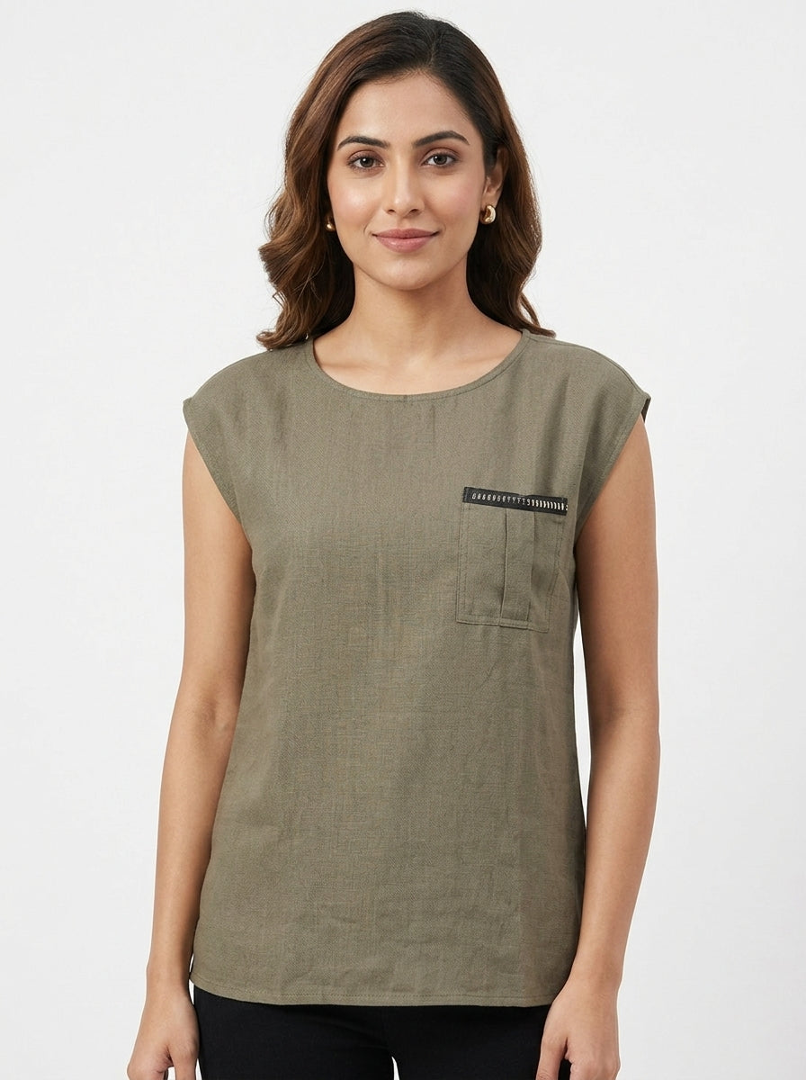 Women's Khaki Sleeveless Round Neck Top