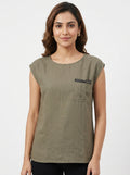 Women's Khaki Sleeveless Round Neck Top