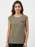 Women's Khaki Sleeveless Round Neck Top