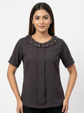 Women's Charcoal Studded Collar Short Sleeve Top