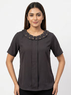 Women's Charcoal Studded Collar Short Sleeve Top