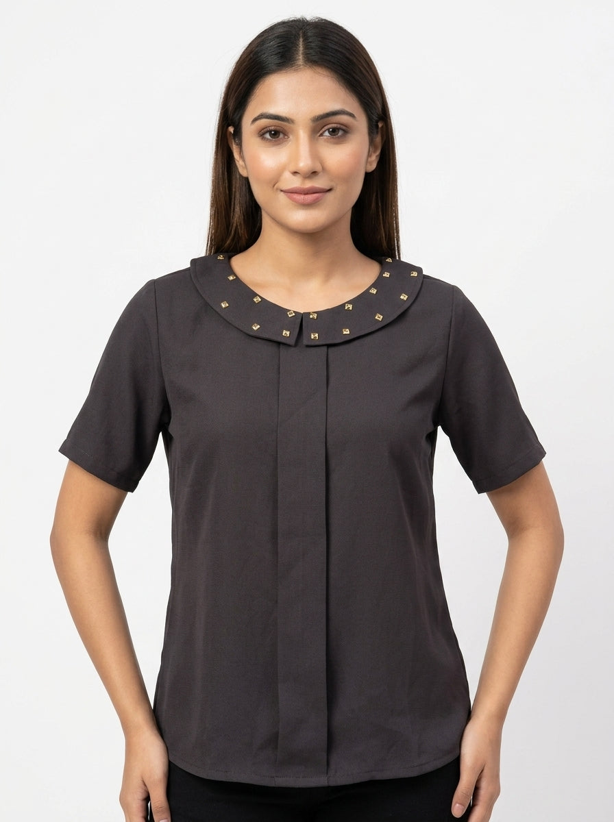Women's Charcoal Studded Collar Short Sleeve Top
