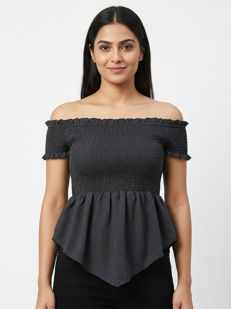 P's Red Dark Brown Shirred Top