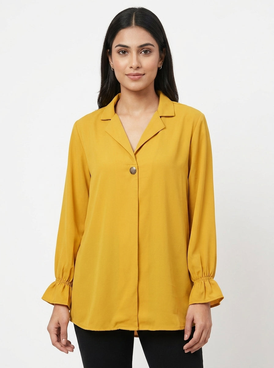 Women's Yellow Collared Long Sleeve Top
