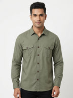 Olive Green Crinkled Casual Button-Up Shirt