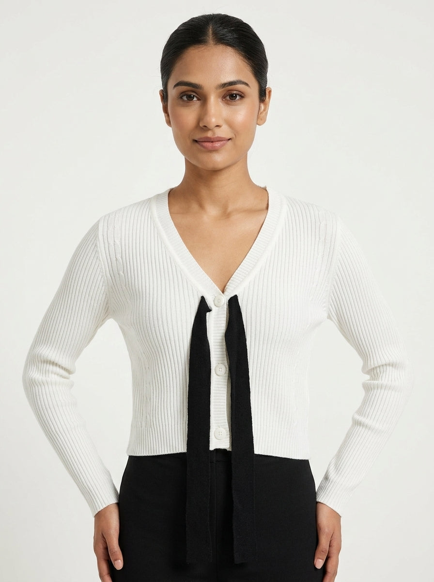 White Ribbed V-Neck Cardigan with Black Tie Front
