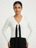 White Ribbed V-Neck Cardigan with Black Tie Front