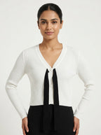 White Ribbed V-Neck Cardigan with Black Tie Front