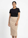 Beige Ribbed Knit Midi Skirt