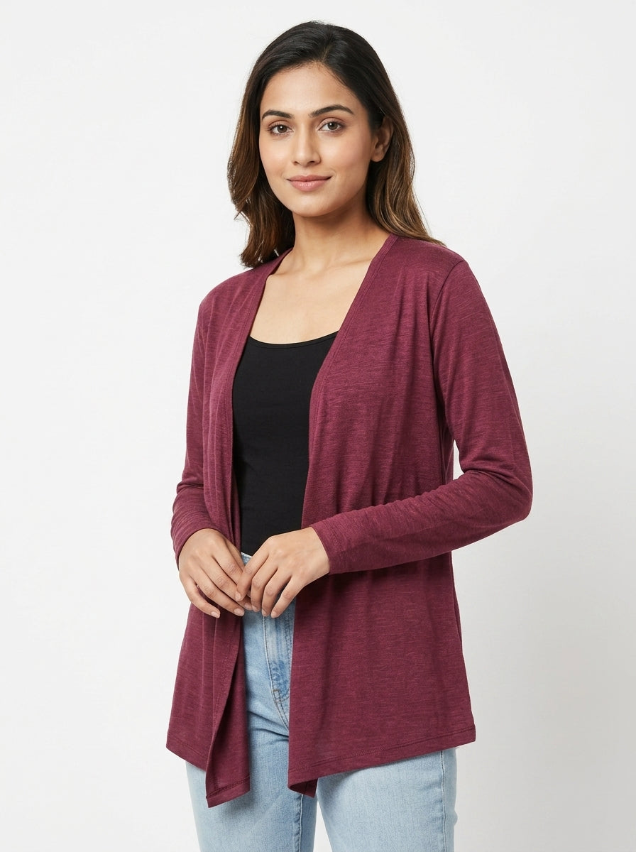 Burgundy Open Front Long Sleeve Shrug