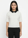 White Polka Dot Top with Black Collar
