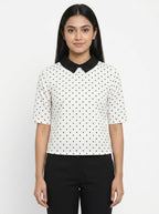 White Polka Dot Top with Black Collar