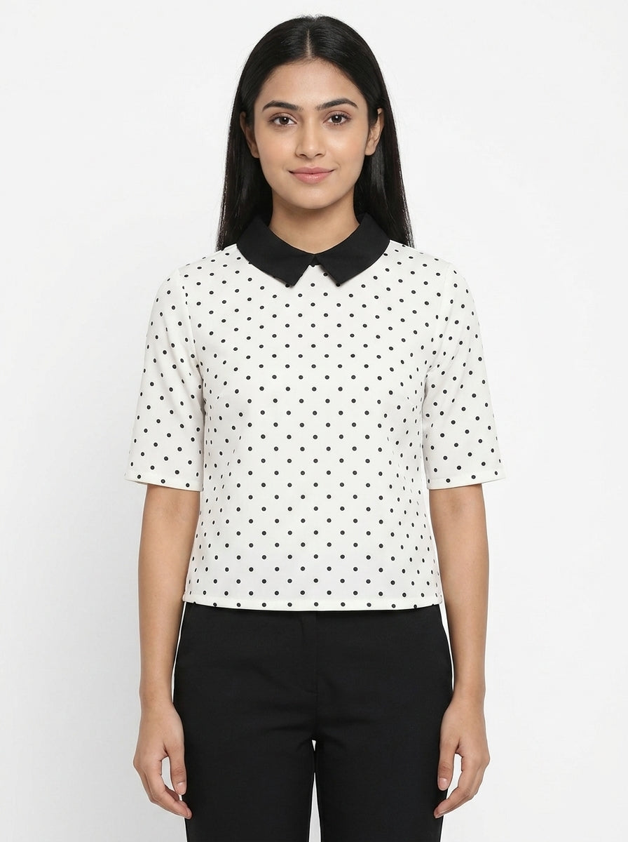 White Polka Dot Top with Black Collar