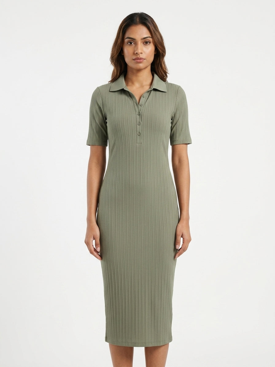 Olive Ribbed Knit Collared Midi Dress