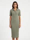Olive Ribbed Knit Collared Midi Dress